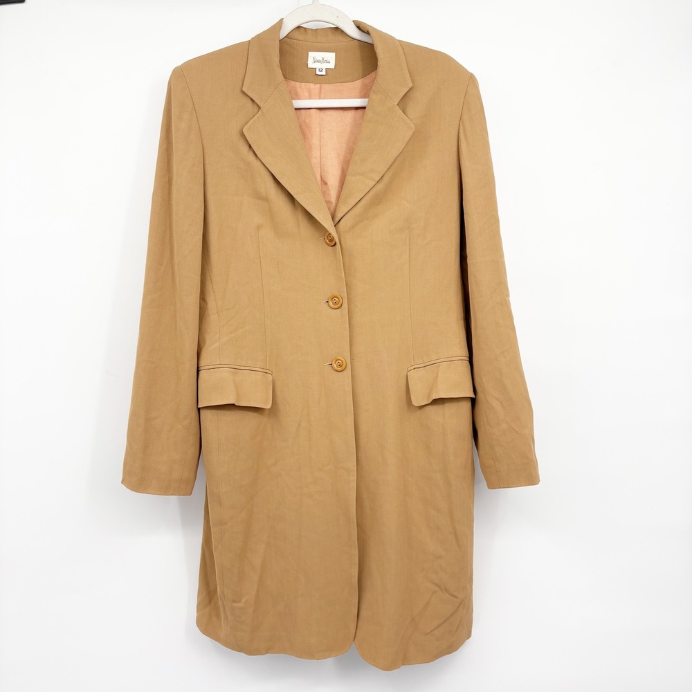 Neiman Marcus Womens Camel Tan Wool Blend Longline Vintage 90s Blazer Size 12